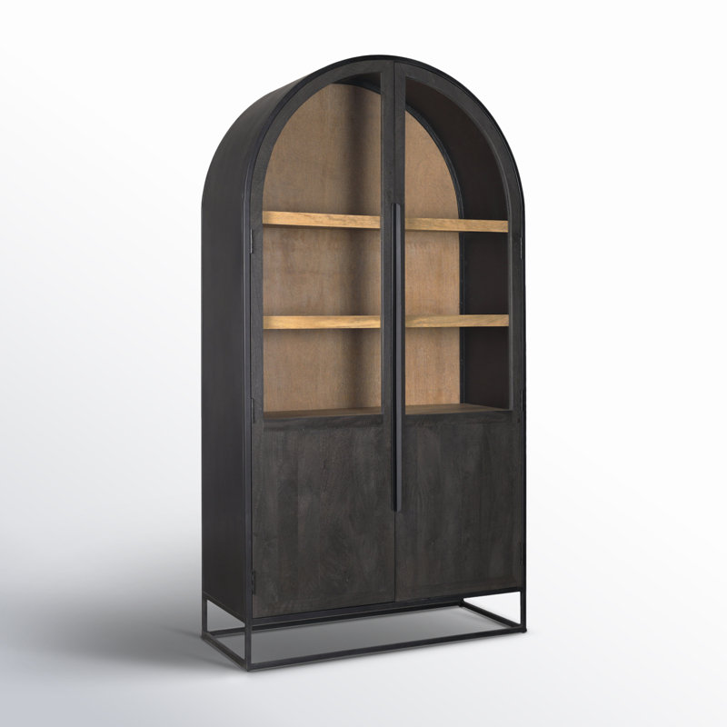 Clementine Wood W/Black Metal Arched Curio Cabinet, Black/Natural