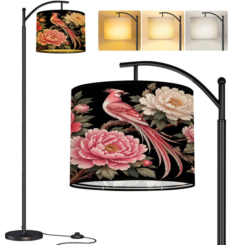  Arc Floor Lamp Peonies pheasants Floral vintage seamless flowers birds Black pink Tall Modern Standing Lamp LED Adjustable Linen Lampshade 3 Color Temperatures