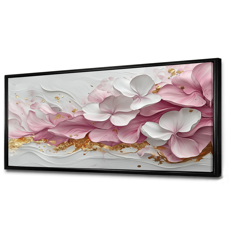 Or rose élégant veines de pétales de fleurs - art abstrait grand fleurs abstraites, H 28 po x l 60 po, Cadre flottant, Noir