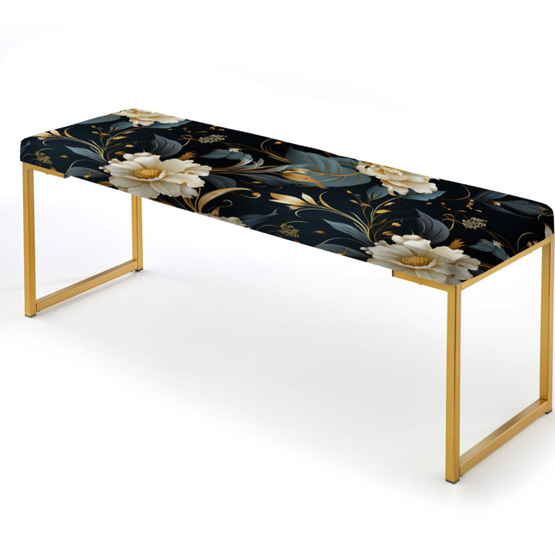 Delicate Magnolia Dreams - Floral Upholstered Gold Bench, Opulent Gold Intrigue Floral