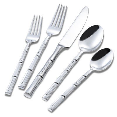 Bamboo Handle Flatware Set, 20-Piece Stainless Steel Silverware For 4, Mirror Polished With Smooth Edges