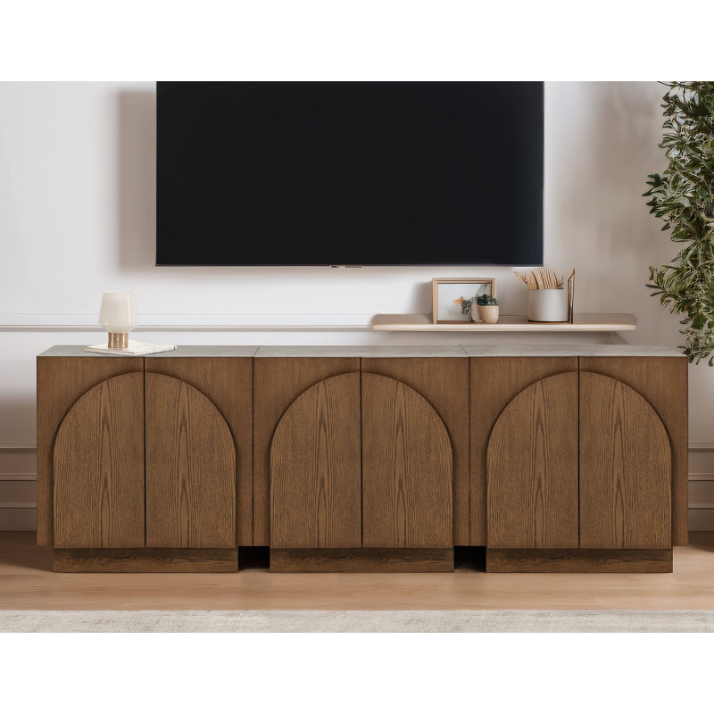  Aurelie 3 Piece Modular Solid Wood Tv Stand Arched Storage Cabinet Credenza, Brown
