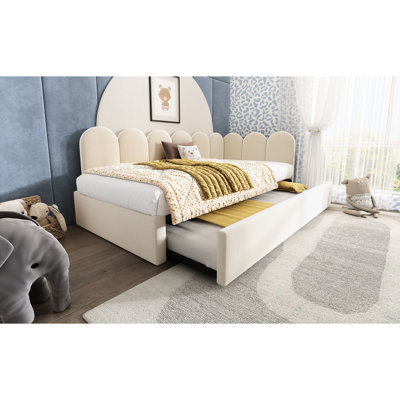 Lit de jour tapissier simple avec lit escamotable, velours beige, structure à lattes en métal, idéal pour lit d'invité en velours, espace, repos confortable
