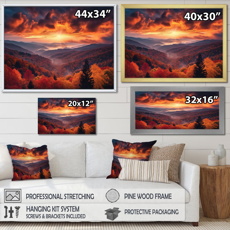 Impression sur toile Tennessee Great Smoky Mountains Sunset I, H 30 po x l 40 po x P 1,5 po, Cadre doré simple