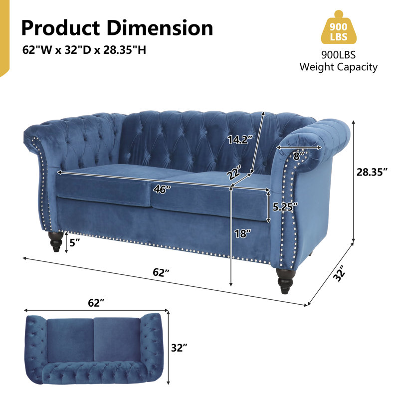 Johnette 62'' Velvet Rolled Arms Chesterfield Sofa, Blue Velvet