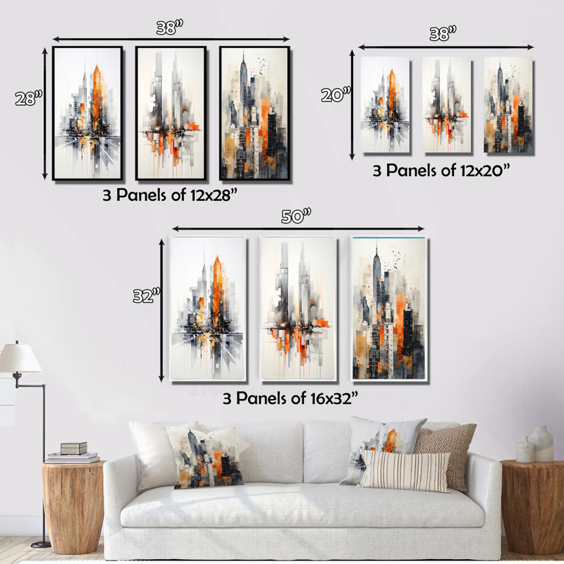 " Orange Gray Minimalism Urban Rhythm " 3 - Pieces, 20" H x 36" W, White Floater Framed
