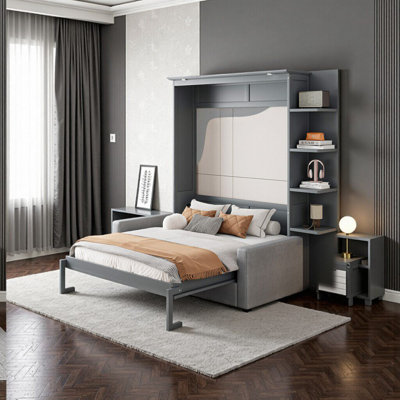 Grand lit escamotable avec canapé, gris