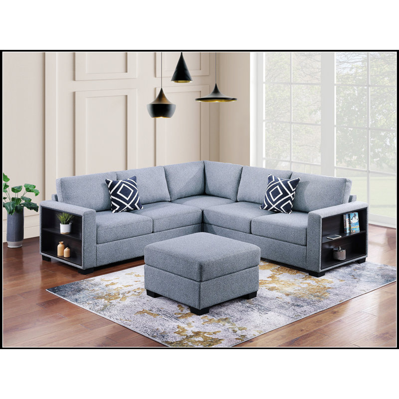 Contemporary Functional Sectional Sofa 4Pc Set With Built-In Shelves, L-Shaped Design, Ottoman, And Modular Flexibility For Modern Living Spaces.