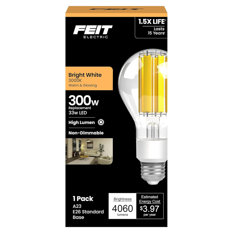 Ampoule DEL Feit A23 E26 (moyenne) à filament blanc éclatant, 300 watts, 1 paquet