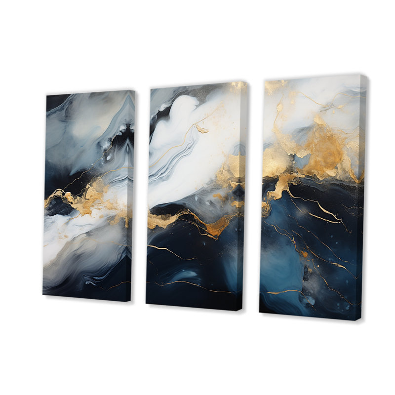 Encre de marbre abstraite dorée et bleue I - décoration murale en marbre, Toile tendue, H 40 po x l 61 po x P 1 po