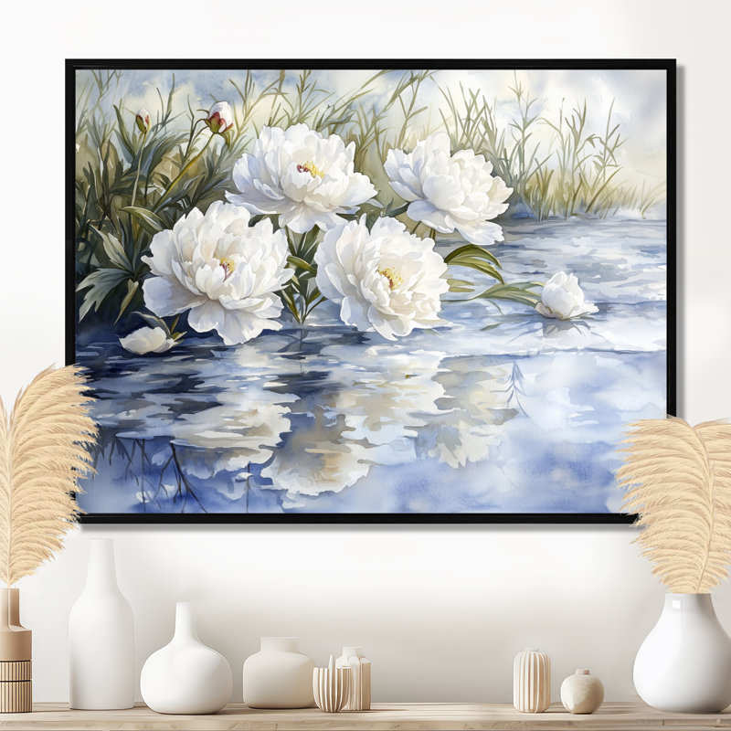 Olinger, pivoines blanches par l'étang gelé I - pivoines, art mural, H 30 po x l 40 po, Noir, noir, noir, noir