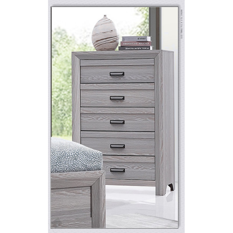 Commode contemporaine à cinq tiroirs avec finition en bois flotté gris, meubles de rangement en bois rustique