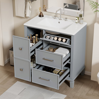 Meuble-lavabo de 30 pouces avec lavabo en céramique, tiroir escamotable pour la plomberie, tiroirs à fermeture en douceur, armoire en panneau de fibres à densité moyenne avec pieds en bois massif, meuble-lavabo