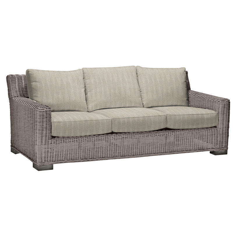 Rustic 81.25" Wide Outdoor Wicker Patio Sofa with Cushions, Welt, Oyster, Herringbone Sand