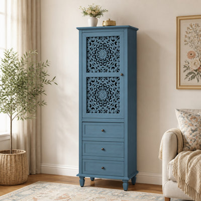 22" Wide Tall Farmhouse Accent Cabinet with Carved Door and 3 Drawers, White