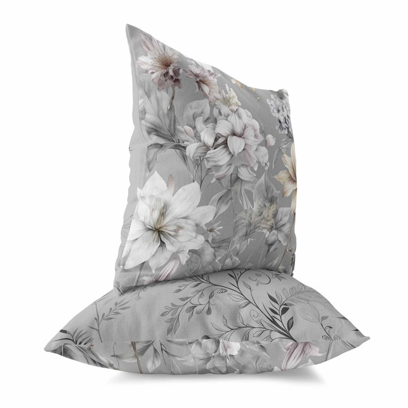 Coussin décoratif réversible Wildflower Whimsy, H 20 po x l 20 po, Floral gris / blanc