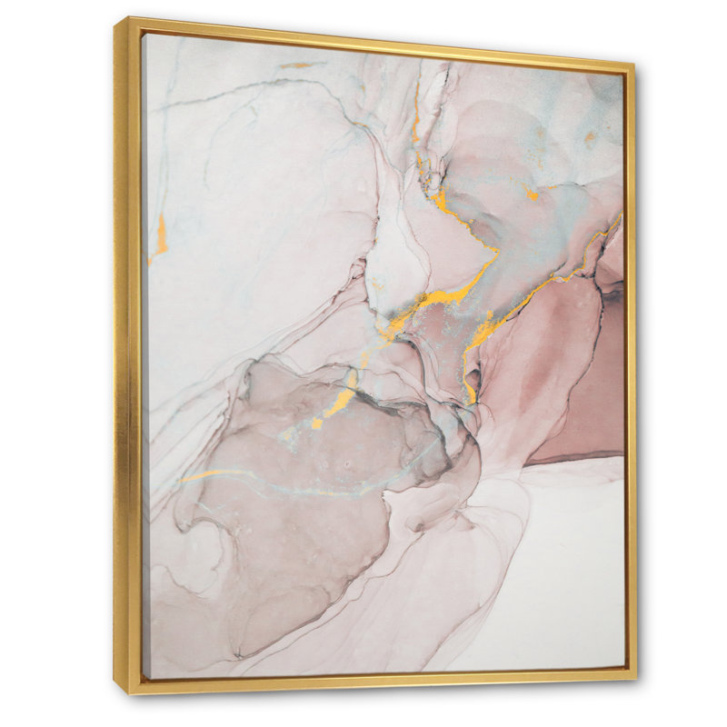 Gris et rose marbré art ondulations - décoration murale moderne en toile, L 12 po x H 20 po, Toile à cadre flottant doré