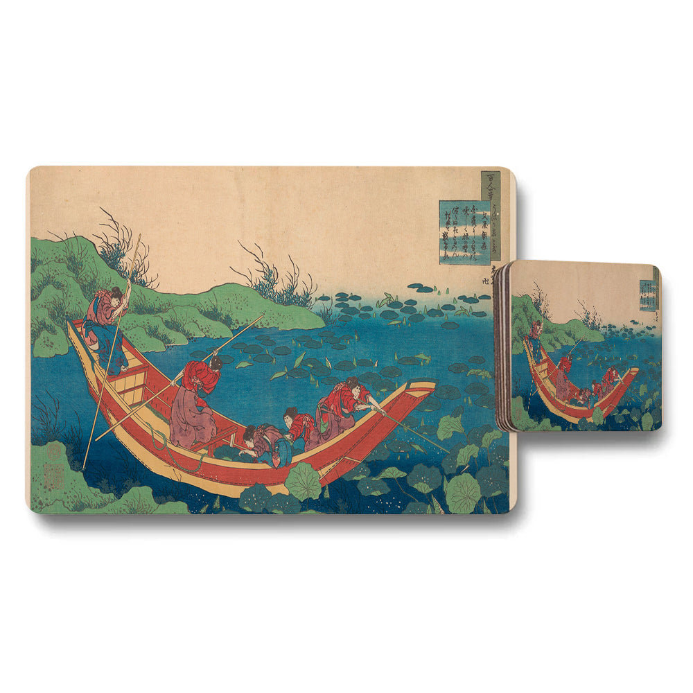 Placemat And Coaster Set Featuring Japanese Ukiyoe Boat Scene