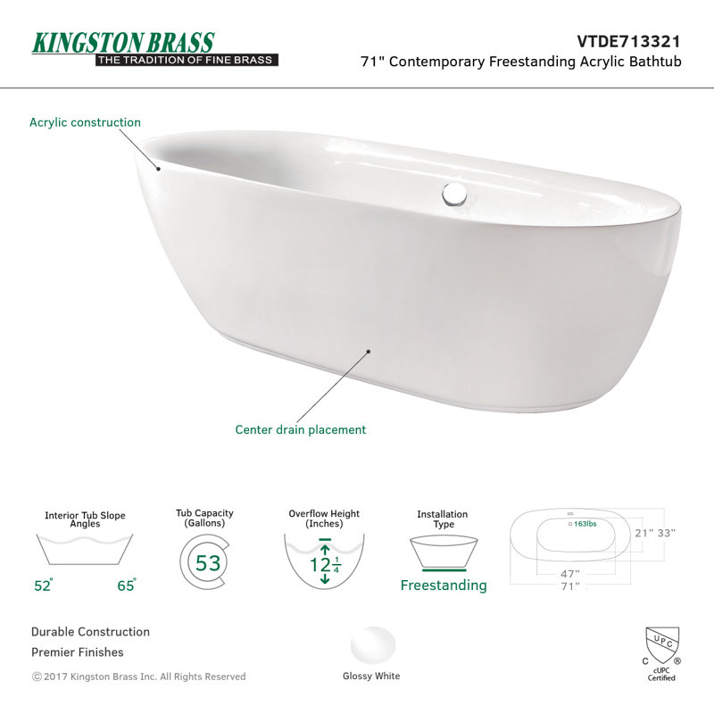 Aqua Eden 71" x 33" Soaking Bathtub