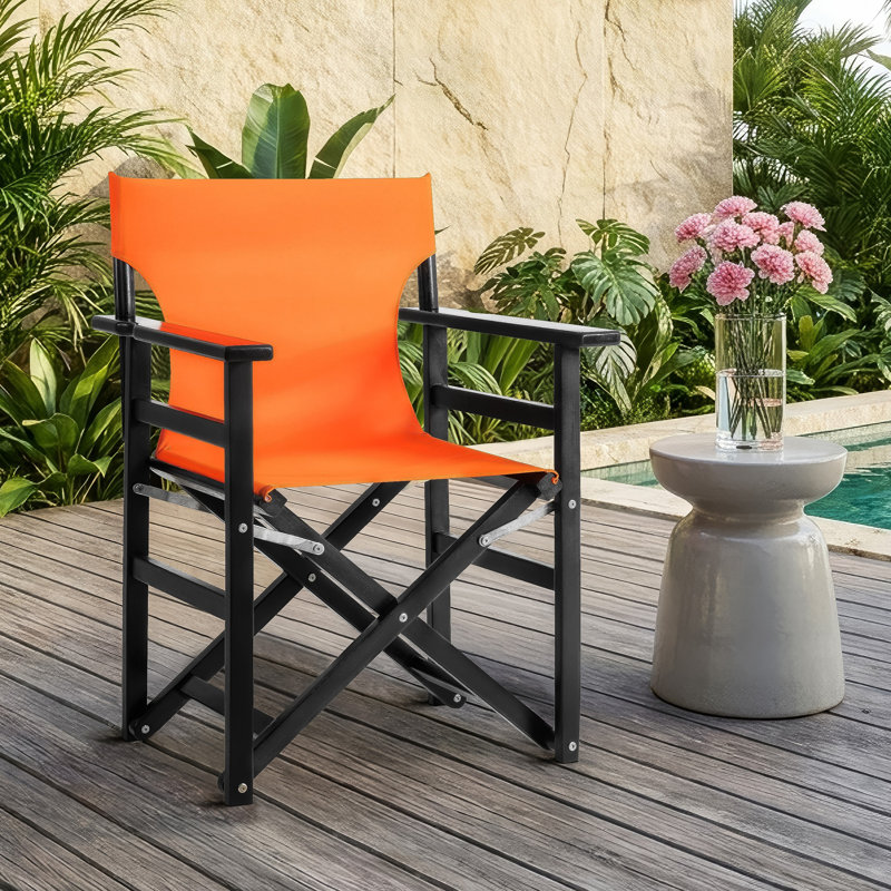Solid Wood Folding Director Chair, Frame Black - Seat Color Orange