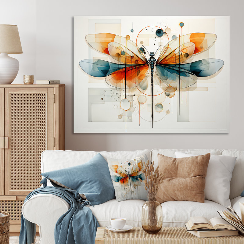 " Teal Dragonfly Ethereal Flight Geometric II ", Wrapped Canvas, 34" H x 44" W x 1.5" D