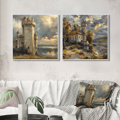 Beige Grey Summer Turreted Tower Castle I - Castles Wall Decor - Traditional Wall Art 2 Piece