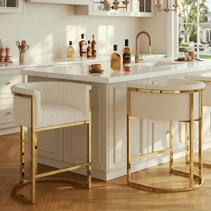 Tabouret de bar 26 po à hauteur de comptoir avec dossier, cuir de polyuréthane blanc cassé, Doré, Simili cuir blanc