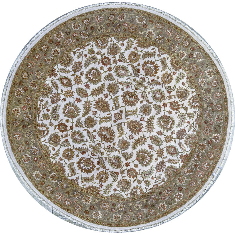 Wool Oriental Area Rug in Ivory/Light Green, Round 8'2"