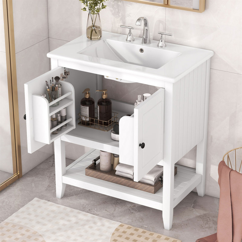 Meuble-lavabo moderne élégant de 30 pouces avec lavabo en céramique élégant, cadre en bois massif et tablette ouverte, Blanc