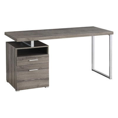 Bureau d'ordinateur de style contemporain à usage de bureau: l 60 po, stratifié brun taupe, métal gris, tiroirs de rangement fermés, configuration à droite à gauche
