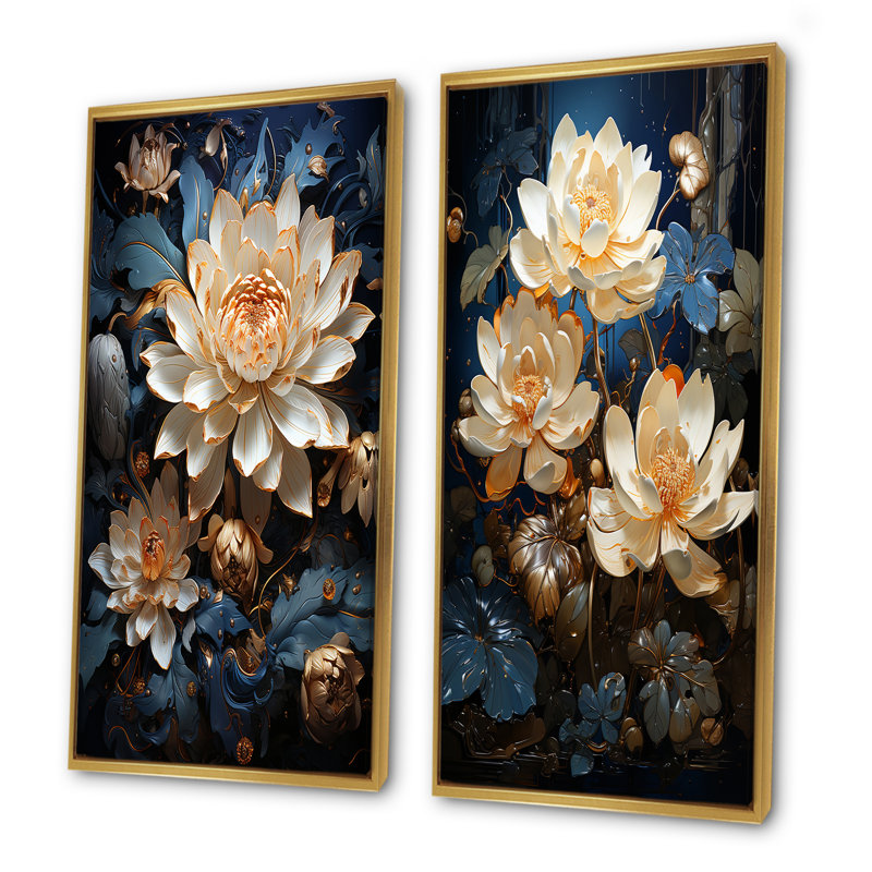 Opulent Reflections Lotus - lot de 2 impressions sur toile de lotus, Encadrement doré, H 32 po x l 33 po