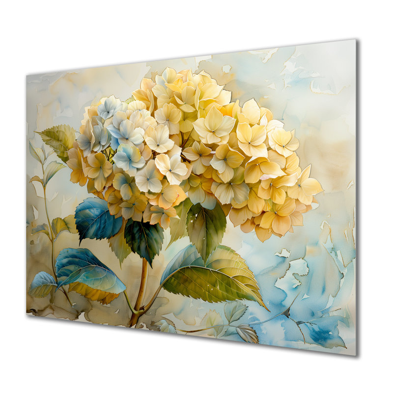 Décoration murale jaune et bleu jardin d'hortensias I - Hortensia, Sans cadre, métal, H 34 po x l 44 po