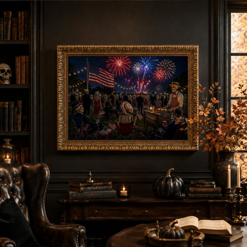 Des squelettes rassemblés sous le drapeau américain regardent Halloween - Toile murale, 20"H x 30"W