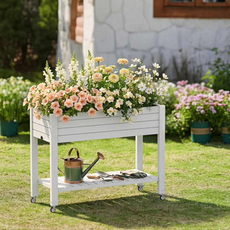 43.33"W Resin Raised Garden Bed With Wheels(Ashen), Ashen