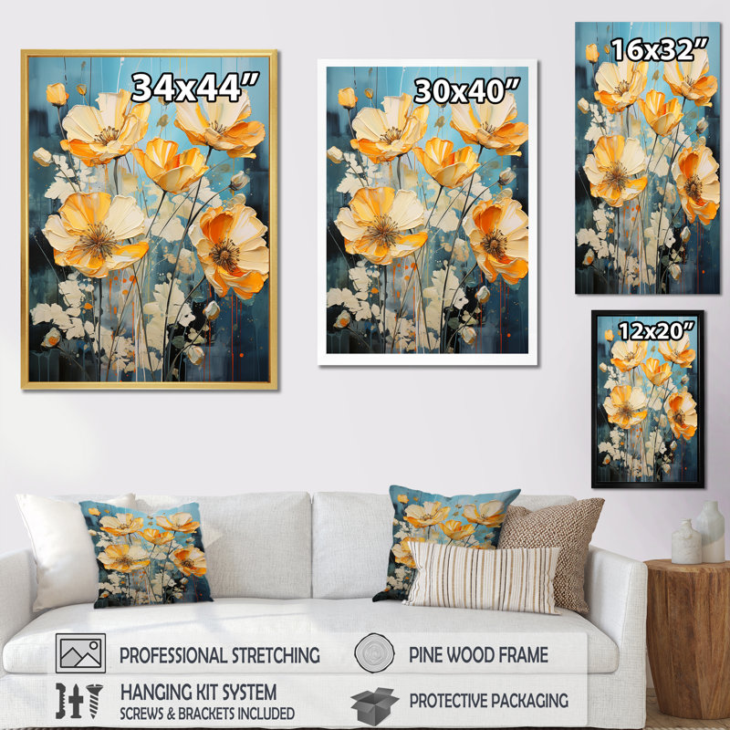 «Buttercups Burst With Fierce Brushwork I», reproduction sur toile, H 40 po x l 30 po, Cadre flottant blanc