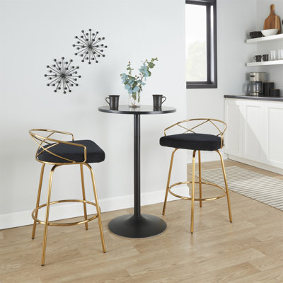 26 "/ Art Deco Tabouret de comptoir à hauteur fixe avec pivot en métal doré et velours avec repose-pieds rond - ensemble de 2