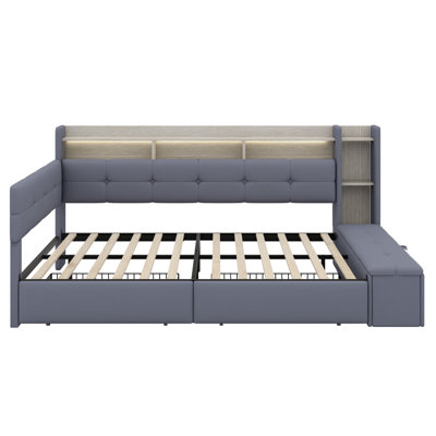 Upholstered Daybed with Storage Footstool, Shelves, 2 Drawers, USB Charging  LED Lighting