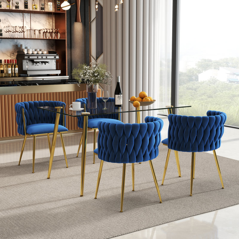 Ensemble de salle à manger rectangulaire moderne avec chaise rembourrée, 5 pièces: table, 4 chaises, Bleu / doré, Doré