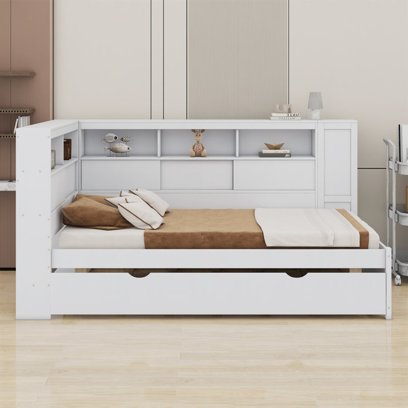Lit de jour en bois avec tablettes de rangement, USB et lit gigogne, Blanc