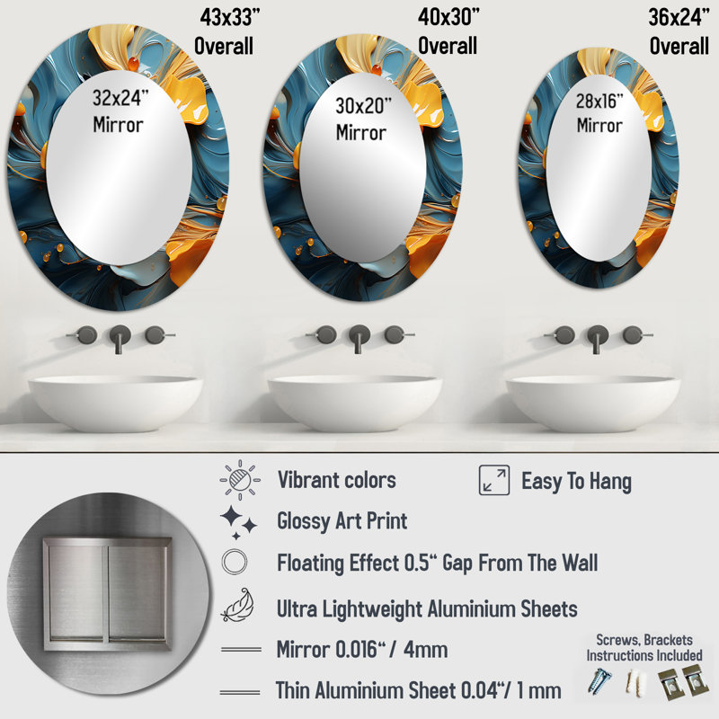 Modern Orange Leaves Floating on Tender Blue Wave - Large Oval Wall Mirror On Metal, 36 po x 24 po