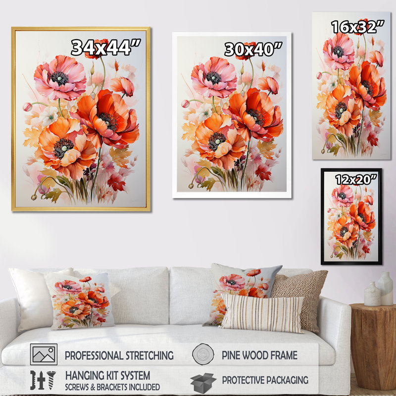 «Poppies Bouquet Sunset Moment I», reproduction d'art sur toile, Cadre simple argenté, H 32 po x l 24 po x P 1 po