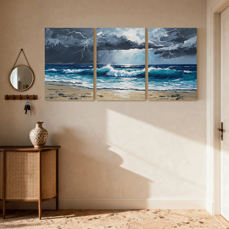 Nautique et plage, ciel orageux, océan, vagues, plage, sable, ensemble de 3 impressions sur toile, H 30 po x l 60 po