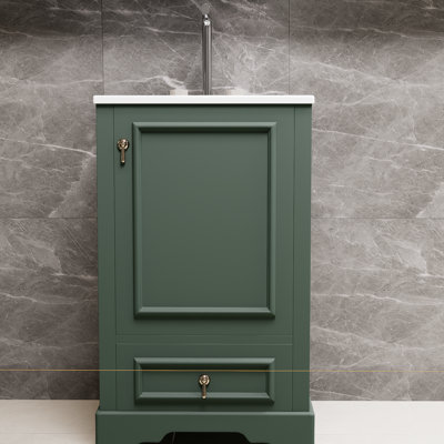 Meuble-lavabo vert de 20 po avec lavabo en céramique, portes à fermeture en douceur, tablettes réglables en forme de U, tiroirs à compartiments et supports de rangement de porte, style moderne, conception peu encombrante.