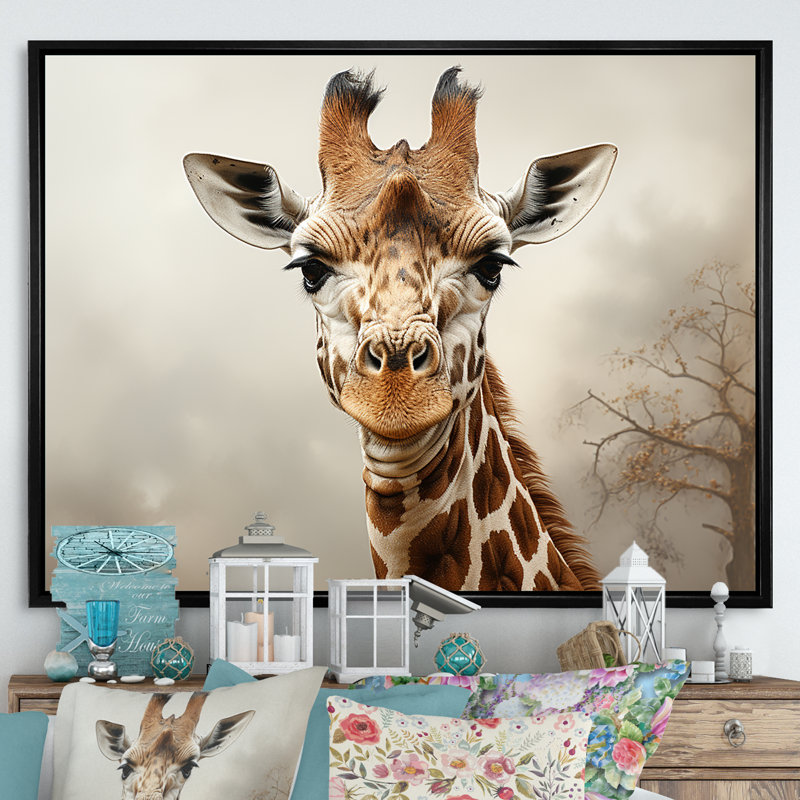 Élégance classique beige girafe - art mural girafe, H 34 po x l 44 po x P 1,5 po, Cadre flottant noir
