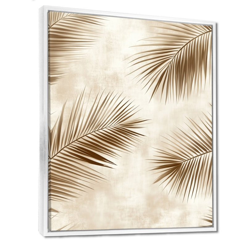 «Neutral Palm Leaves Drift IV - Beige», art mural tropical, H 40 po x l 30 po, Cadre flottant blanc