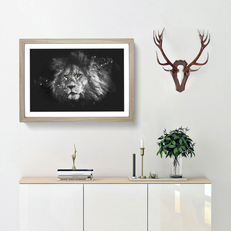 Lion With Piercing Eyes Paint Splash - Picture Frame Graphic Art, 45cm H x 63cm W x 2cm D, Oak Framed