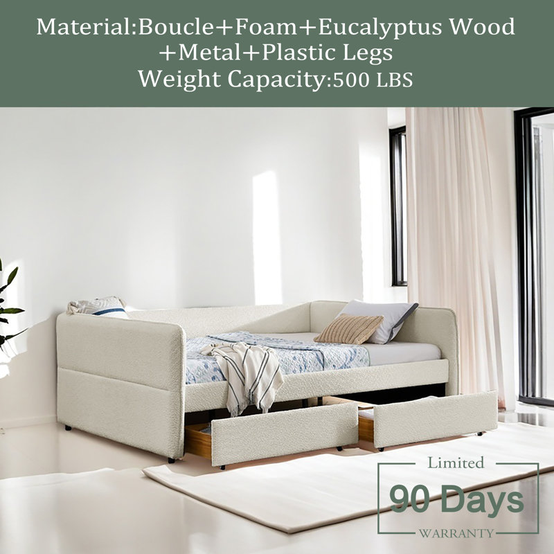Daybed With Trundle Upholstered Tufted Sofa Bed, With Two Drawers, Queen Size, Boucle Fabric, Beige