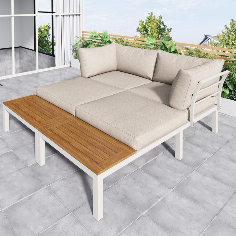 Outdoor Edgecomb Powder Coated Steel 4 - Person Seating Group with Cushions, Beige, White/Brown