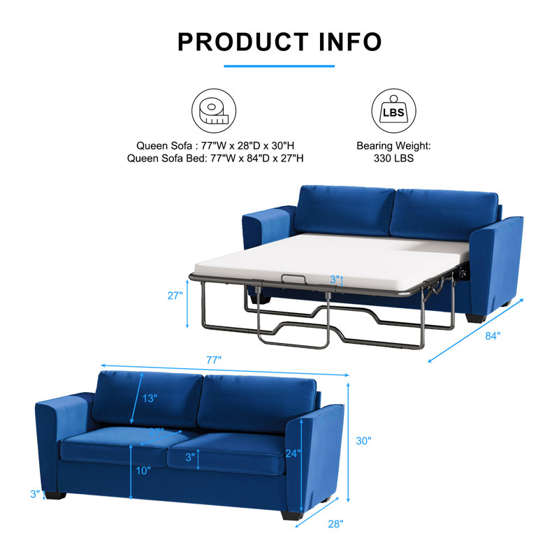 Queen Size Velvet Pull-Out Sofa Bed with 2.8" Mattress, Blue
