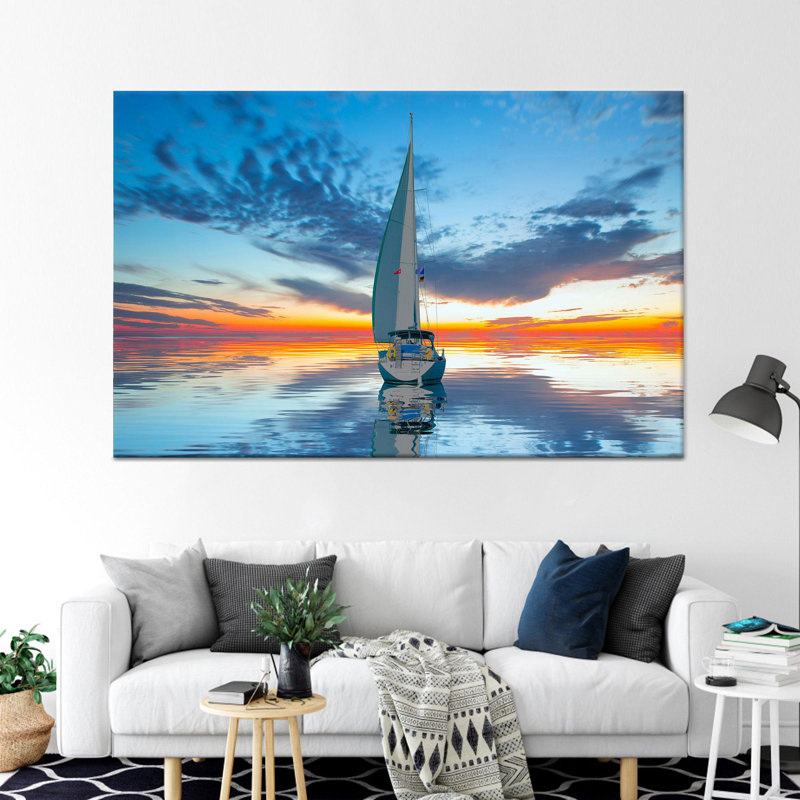 Sunset Sailing Boat Art: Modern Printed Canvas Wall Decor,1P GoldFramedCanvas, H: 19.8 x W:27.6 inches